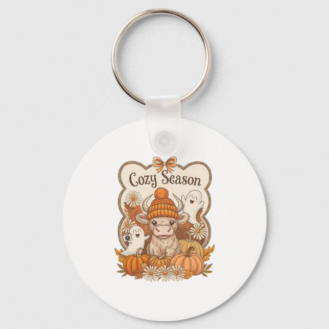 Pumpkin-highland Cow Ghost Halloween Key Ring (Front)