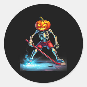 Pumpkin Hockey Skeleton Ice Hockey Halloween Classic Round Sticker