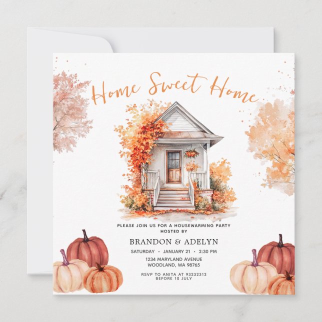 Pumpkin Home Sweet Home Autumn Flowers  Invitation (Front)
