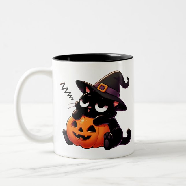 Pumpkin Hugging Witch Cat Halloween Mug | Two-Side (Left)