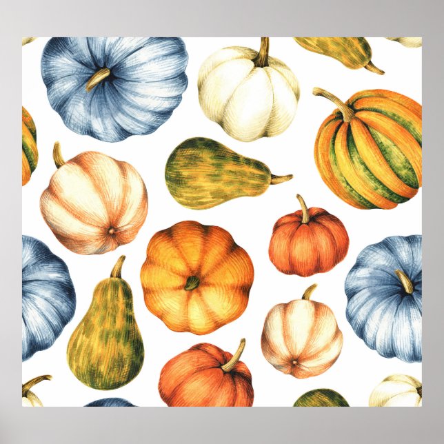 Pumpkin Illustration: Seamless Watercolor Pattern Poster (Front)