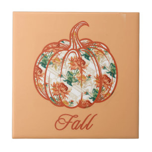 Pumpkin in a Chrysanthemum Pattern Ceramic Tile
