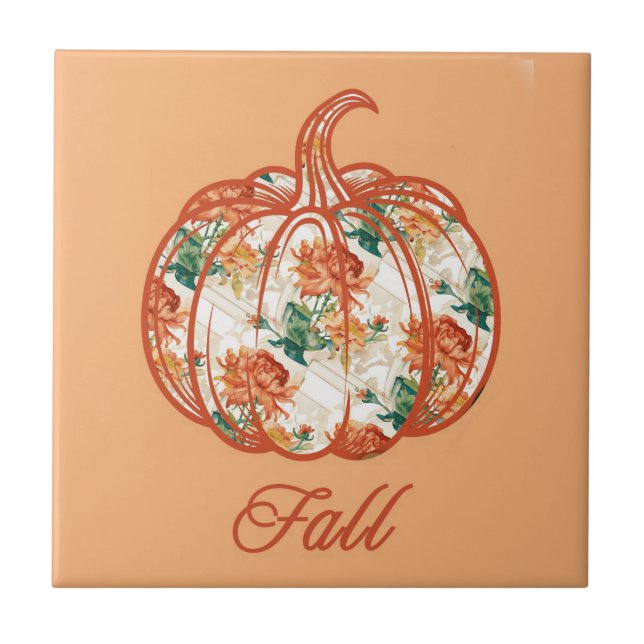 Pumpkin in a Chrysanthemum Pattern Ceramic Tile (Front)