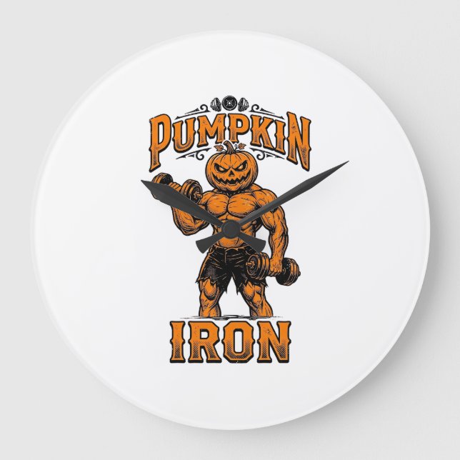 Pumpkin Iron Vintage Bodybuilder Halloween Design_ Large Clock (Front)