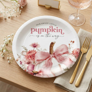 Pumpkin Is On The Way Pink Pumpkin Baby Shower Paper Plate
