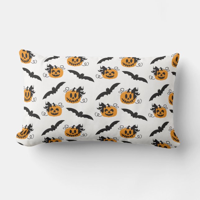 Pumpkin Jack O Lantern Bat Black Orange Pattern Lumbar Cushion (Front)
