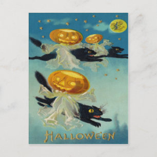 Pumpkin Jack O Lantern Black Cat Witch Postcard