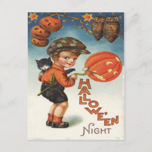 Pumpkin Jack O Lantern Cat Boy Postcard