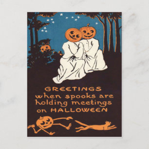 Pumpkin Jack O' Lantern Ghost Black Cat Tree Postcard
