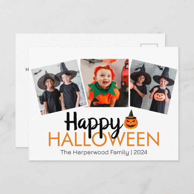 pumpkin jack-o-lantern Halloween Family 3 Photo Holiday Postcard (Front/Back)