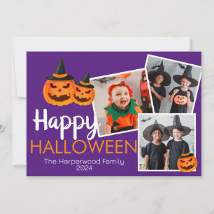 pumpkin jack-o-lantern Happy Halloween 3 Photo Holiday Card