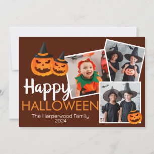 pumpkin jack-o-lantern Happy Halloween 3 Photo Holiday Card