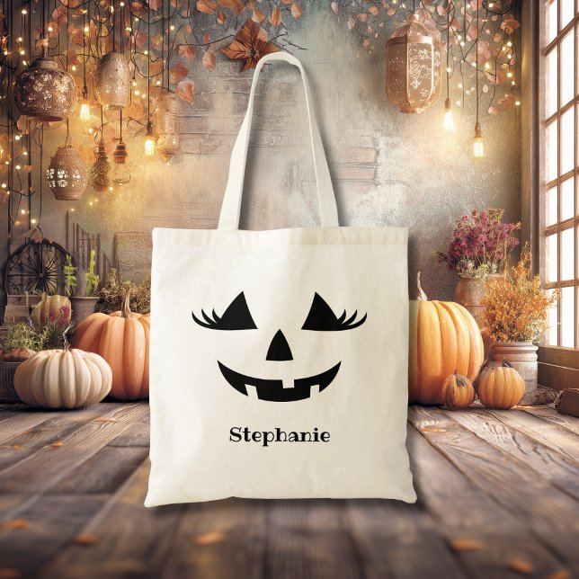 Pumpkin Jack O Lantern Lashes With First Name Tote Bag (Creator Uploaded)