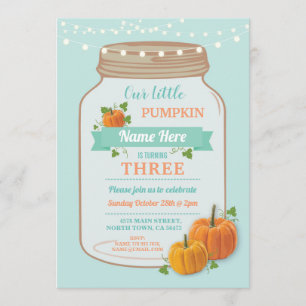 Pumpkin Jar Birthday Fall Party Mint Lights Invite