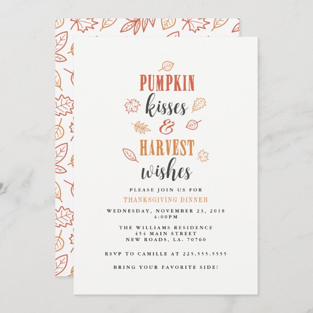 Pumpkin Kisses & Harvest Wishes Thanksgiving Party Invitation (Front/Back)