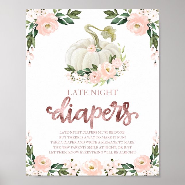 Pumpkin Late Night Diapers Baby Shower Game Sign (Front)