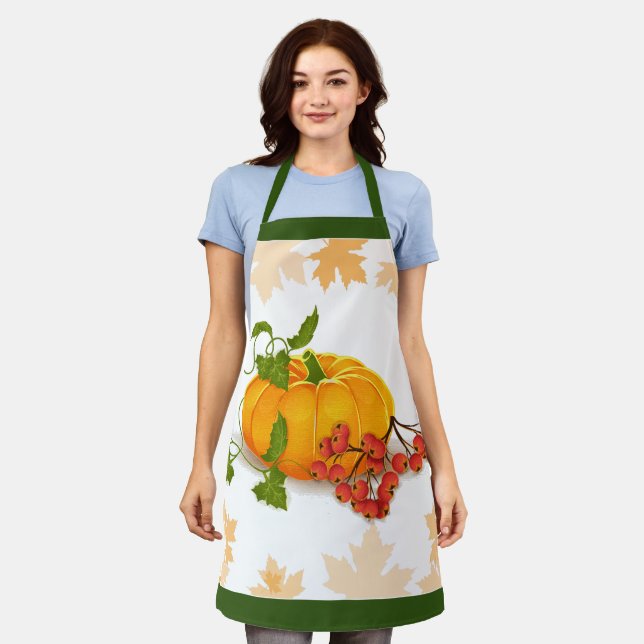 Pumpkin, leaves and green border fall Thanksgiving Apron (Worn)