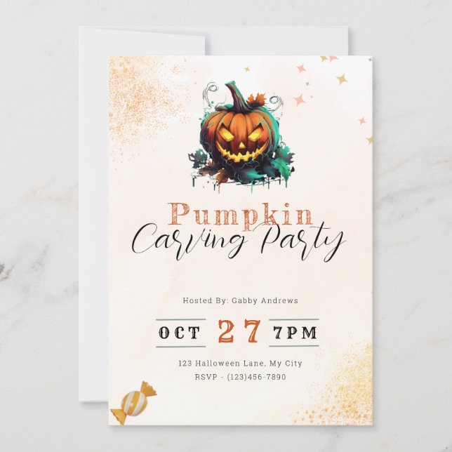 Pumpkin & Leaves Orange Pumpkin Carving Party Invitation (Front)