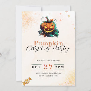 Pumpkin & Leaves Orange Pumpkin Carving Party Invitation
