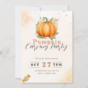 Pumpkin & Leaves Orange Pumpkin Carving Party Invitation