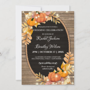 Pumpkin Light Autumn Fall Rustic Wood Barn Wedding Invitation