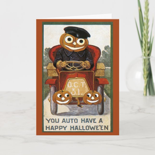 Pumpkin Man Driving a Car - Halloween Card (Front)