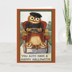 Pumpkin Man Driving a Car - Halloween Card