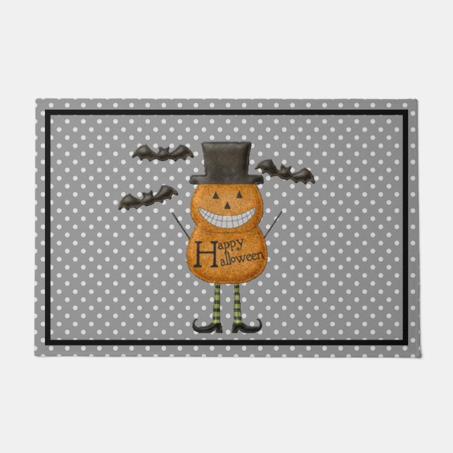 Pumpkin Man - Happy Halloween - Grey Polka Dots Doormat (Front)