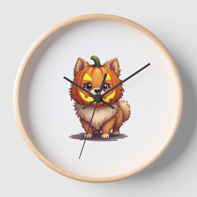 Pumpkin Mask Pomeranian Dog Clock (Front)