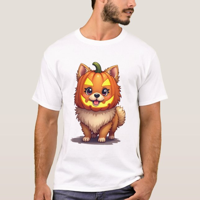 Pumpkin Mask Pomeranian Dog T-Shirt (Front)