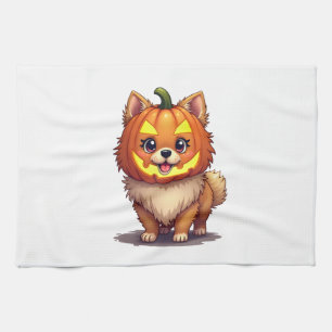 Pumpkin Mask Pomeranian Dog Tea Towel