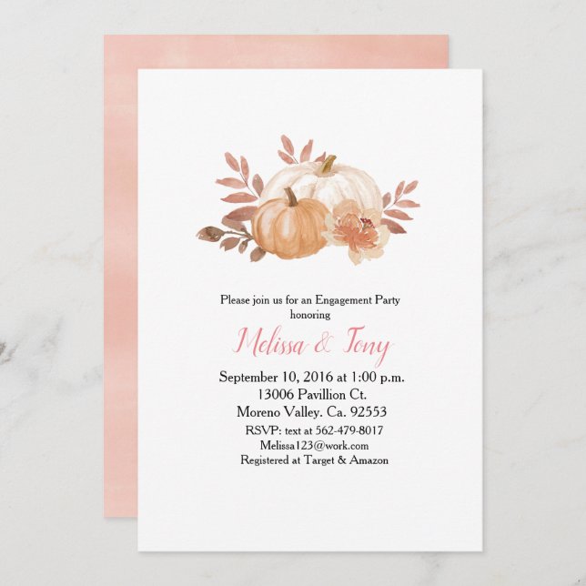 Pumpkin modern watercolour engagement party invitation (Front/Back)