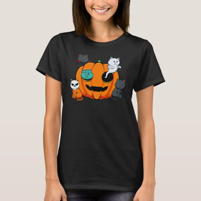 Pumpkin Monster Cats Lazy Halloween Costume Cute K T-Shirt (Front)