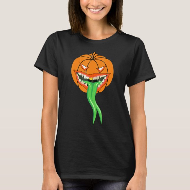 Pumpkin Monster Green Tongue Halloween T-Shirt (Front)