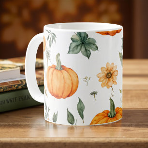 Pumpkin Mug Orange Watercolor Fall Leaves 