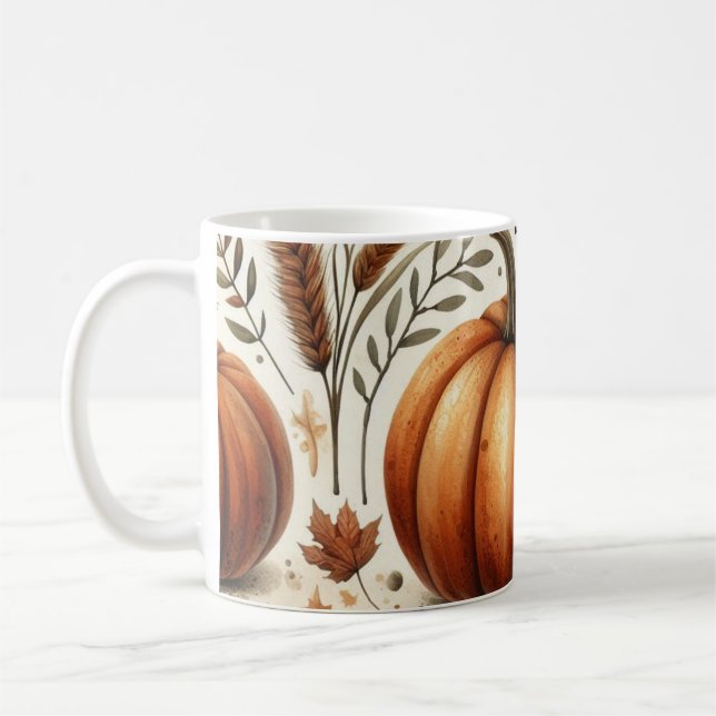 Pumpkin Mug Watercolor Fall Leaves  (Left)