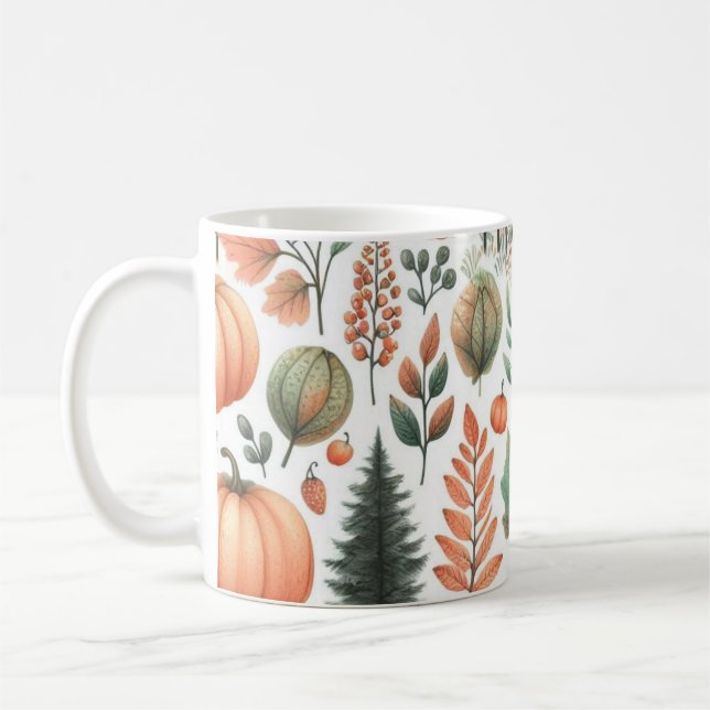 Pumpkin Mug Watercolor Fall Leaves  (Left)