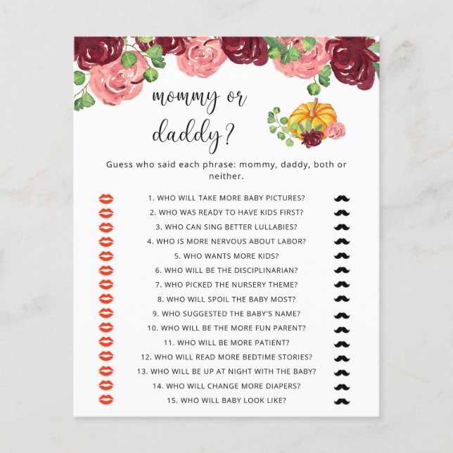 Pumpkin mummy or daddy baby shower game (Front)