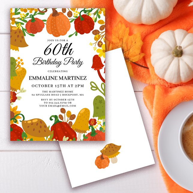  Pumpkin Mushroom Forest Fall 60th Birthday Invitation (Need matching pumpkin and mushroom fall party supplies? Message me!)