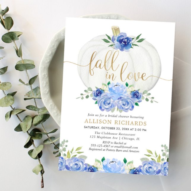 Pumpkin navy blue gold fall in love bridal shower invitation (Creator Uploaded)