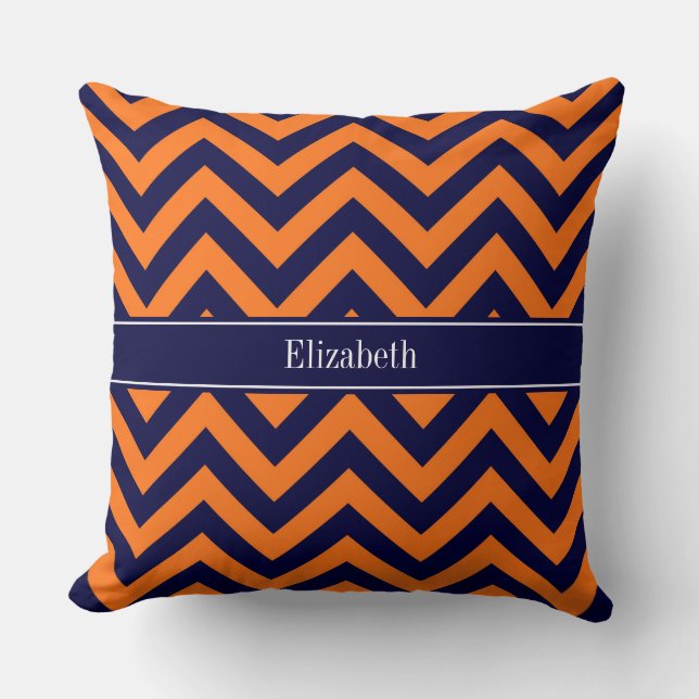 Pumpkin Navy LG Chevron Navy Blue Name Monogram Cushion (Front)