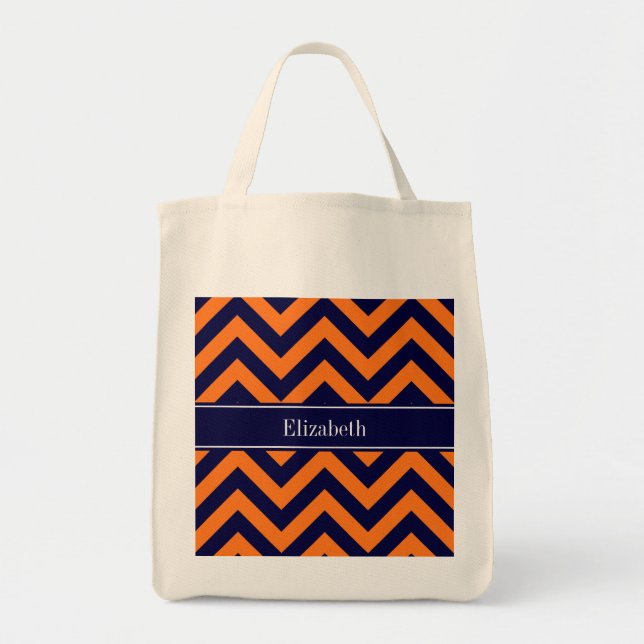 Pumpkin Navy LG Chevron Navy Blue Name Monogram Tote Bag (Front)