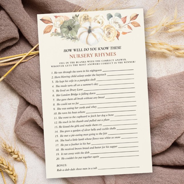 Pumpkin Nursery Rhyme Baby Shower Game (A baby shower nursery rhyme game with a pumpkin theme is a fun & entertaining activity for guests.)