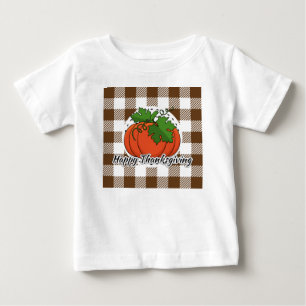Pumpkin on Brown Plaid - Happy Thanksgiving Baby T-Shirt