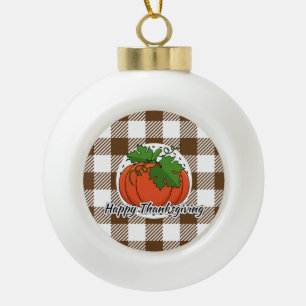 Pumpkin on Brown Plaid - Happy Thanksgiving Ceramic Ball Christmas Ornament