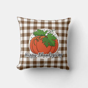 Pumpkin on Brown Plaid - Happy Thanksgiving Cushion