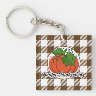 Pumpkin on Brown Plaid - Happy Thanksgiving Key Ring