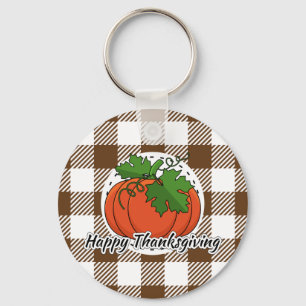 Pumpkin on Brown Plaid - Happy Thanksgiving Key Ring