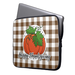 Pumpkin on Brown Plaid - Happy Thanksgiving Laptop Sleeve