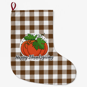 Pumpkin on Brown Plaid - Happy Thanksgiving Large Christmas Stocking